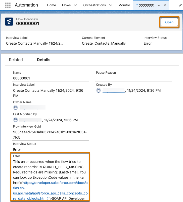 The details tab of a failed flow interview that shows a description of the error that caused the flow interview to fail with the open button highlighted.