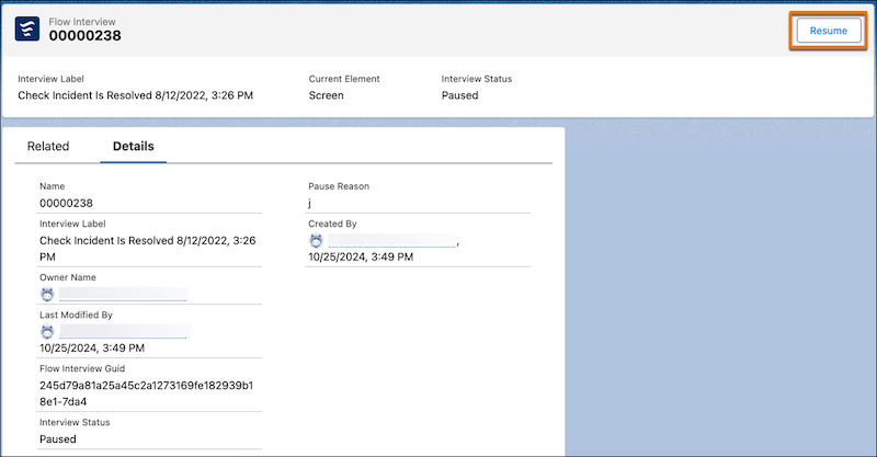 The details page of a paused flow interview with the resume button highlighted
