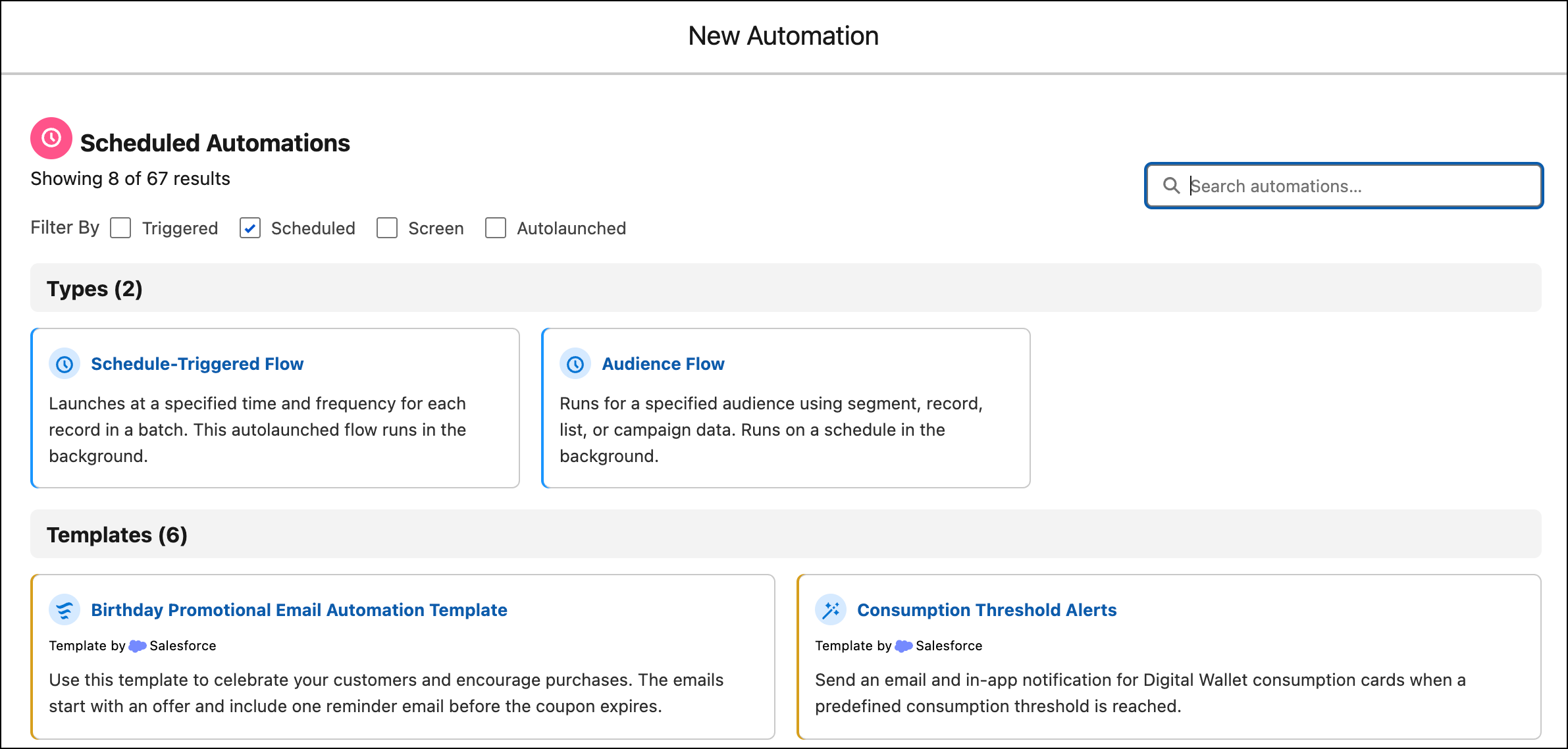 Audience flow category tile in the New Automation window