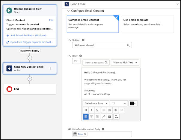 A record-triggered flow with a configured Send Email action