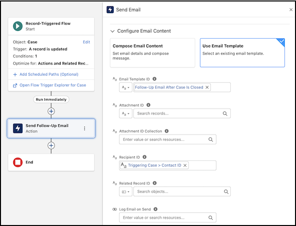 A flow with a configured Send Email action
