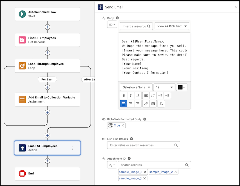 Sample flow that sends an email with attachments to the San Francisco employees.