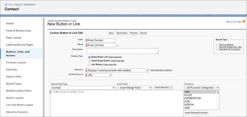 An open custom detail page record link configuration window showing the selections described previously