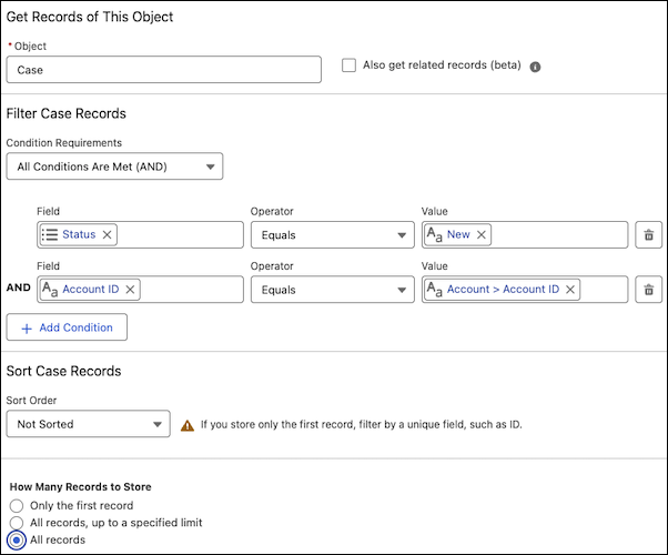 The Get Records element where two conditions are specified and All records is selected under How Many Records to Store.
