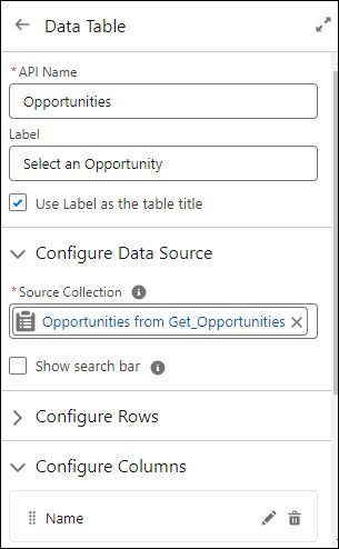 Data table configuration