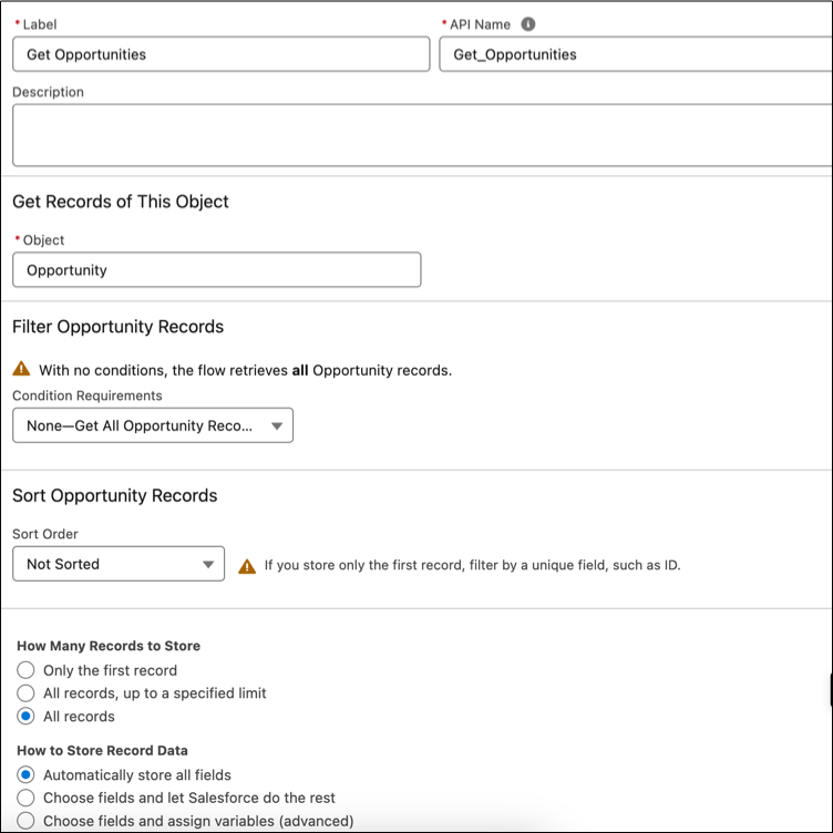 The Get Records element where no conditions are specified and All records is selected under How Many Records to Store.
