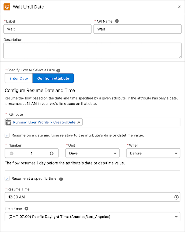 The Wait Until Date element open to the Get from Attribute settings.