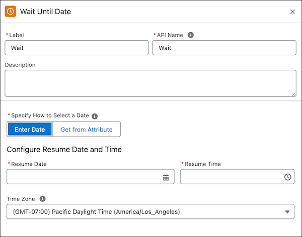 The Wait Until Date element open to the Enter Date settings.