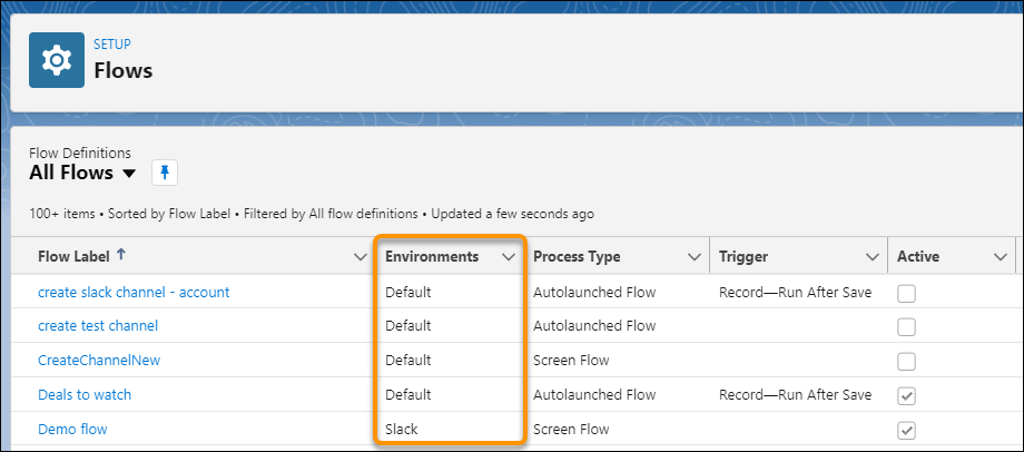 Flows page in Setup