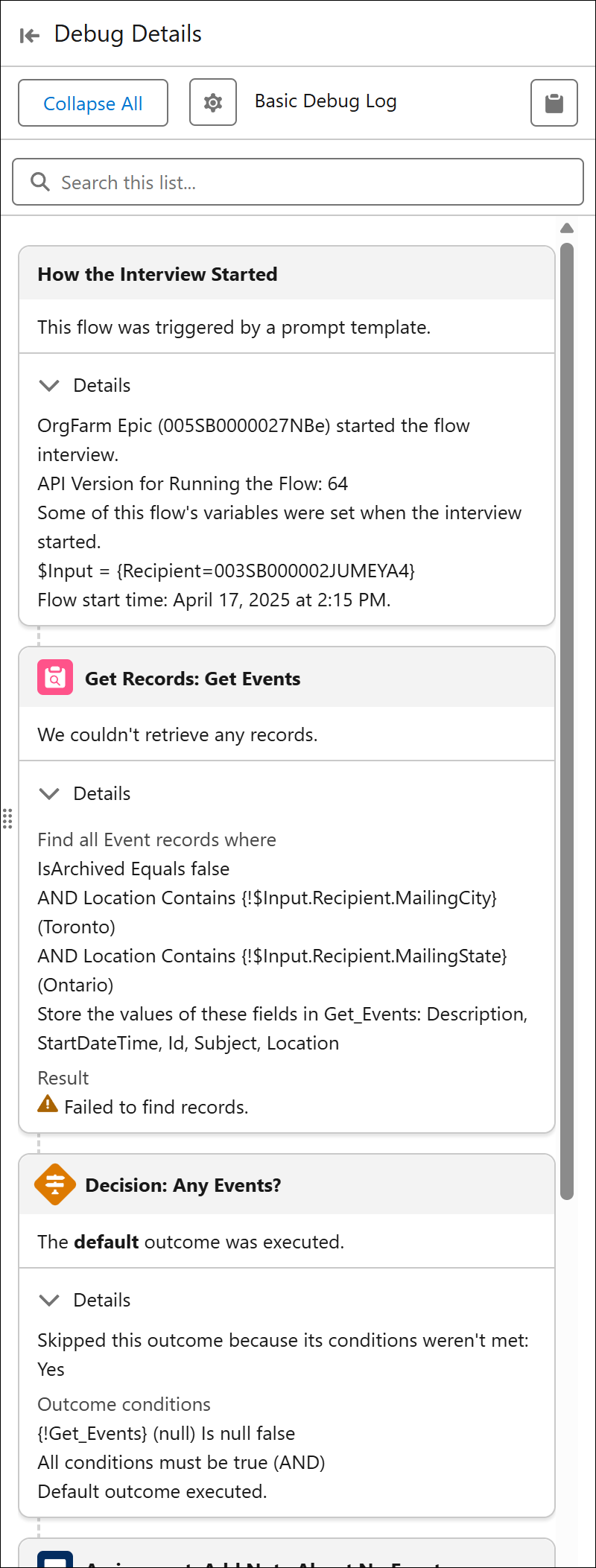 Debug Details panel showing example content such as record queries and their results and how the interview started.