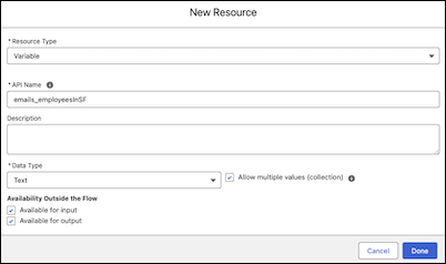 A variable resource properties panel with the Data Type field set to Text.