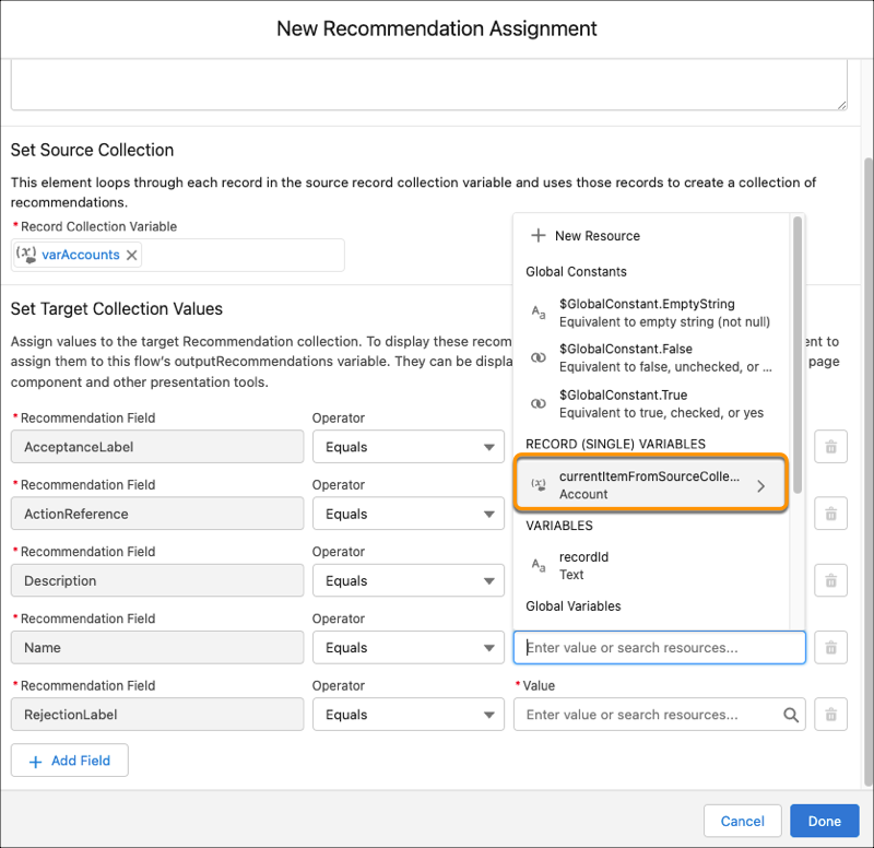 The New Recommendation Assignment window, with the currentItemFromSourceCollection variable highlighted in the Record (Single) Variables section of the resource picker.
