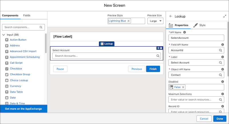 Lookup screen component at design time