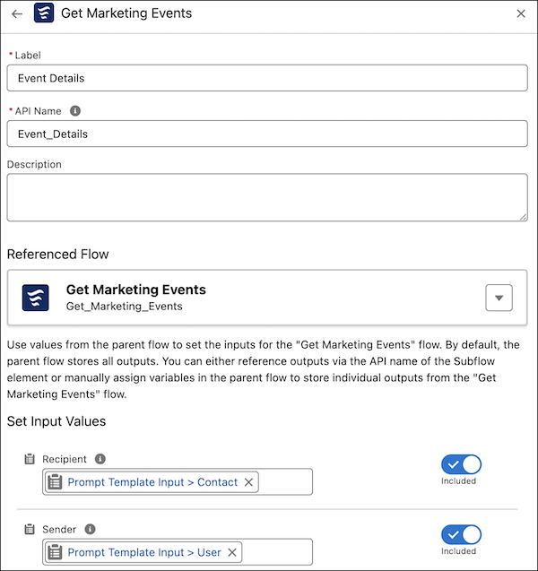 Get Marketing Events flow Subflow element window