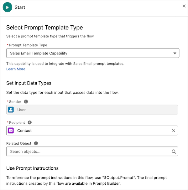 Start element of a template-triggered prompt flow, where you select prompt template type and set input data types.