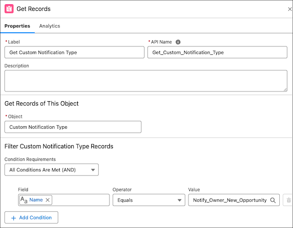 Get Records element getting the custom notification type ID