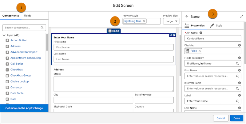 Open screen element with components on it.