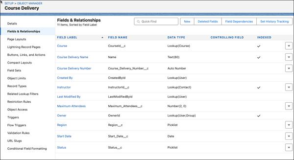 Course object showing the list of fields created in this section