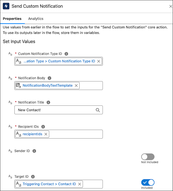 Send Custom Notification action element configured