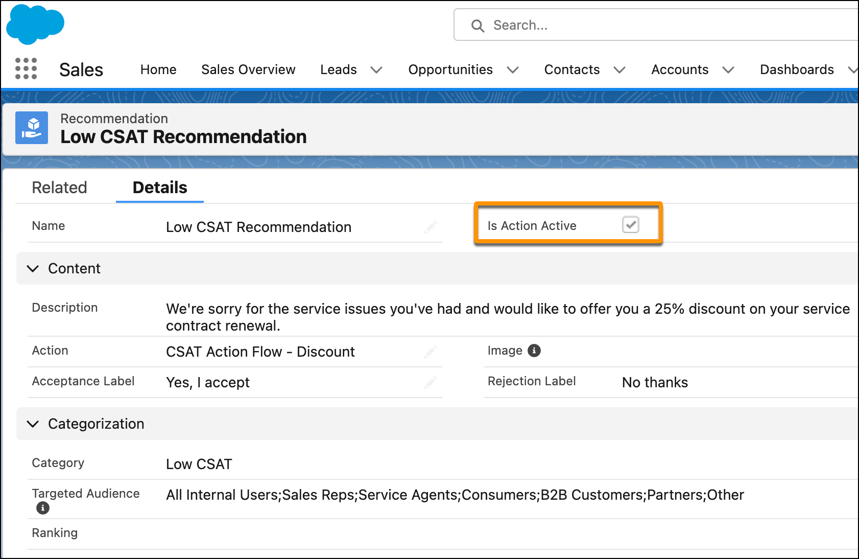 Recommendation record for high CSAT recommentation