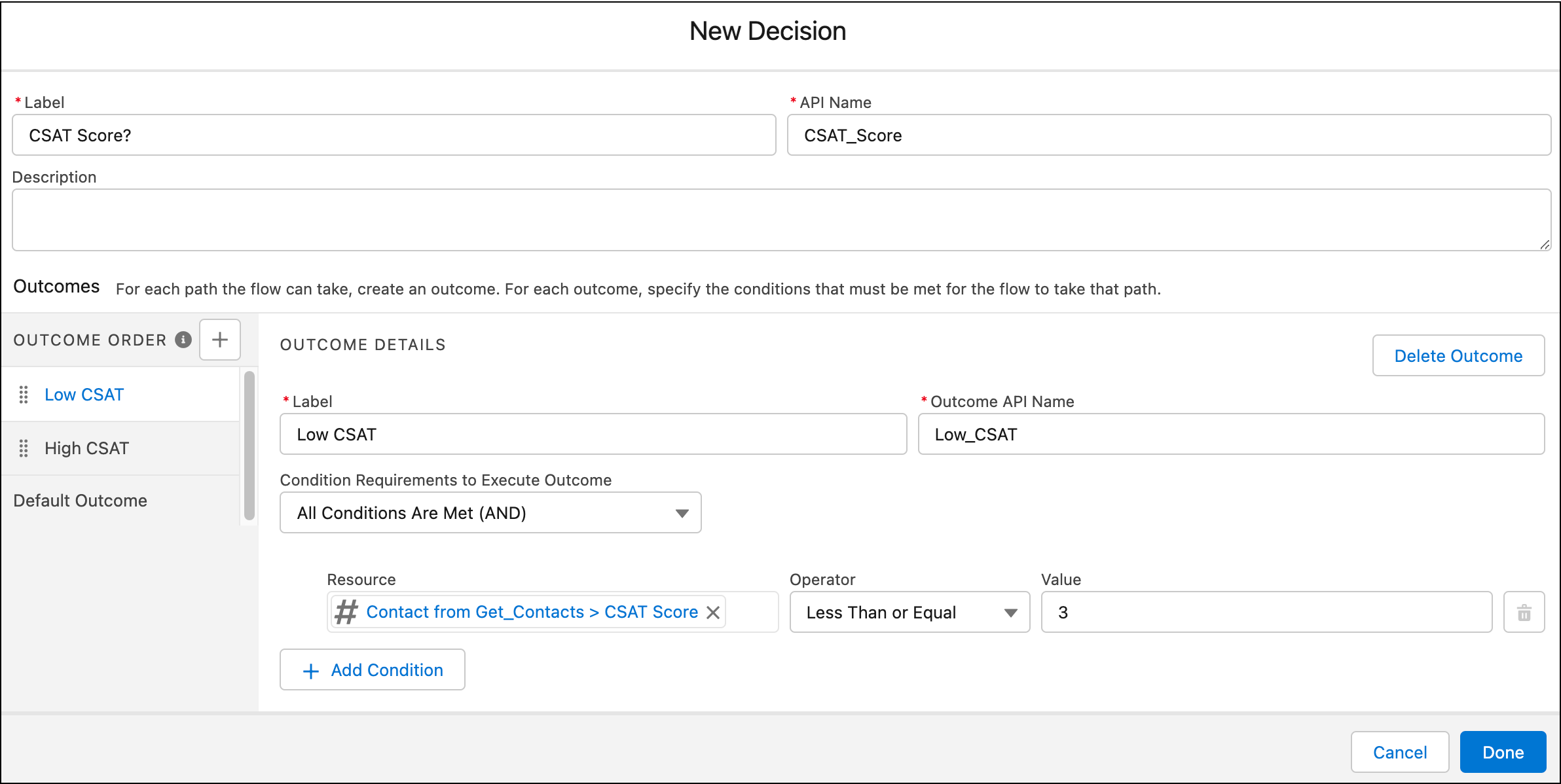 Setting up a decision element for the low and high CSAT scores with the condition Contact from Get Contacts CSAT Score