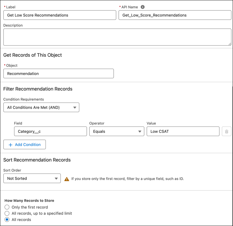 The Get Records element where one condition is specified and All records is selected under How Many Records to Store.