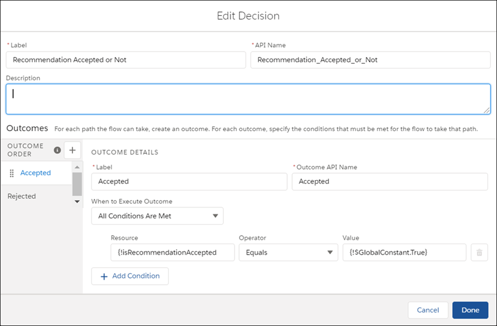 The Decision element with the isRecommendationAccepted variable
