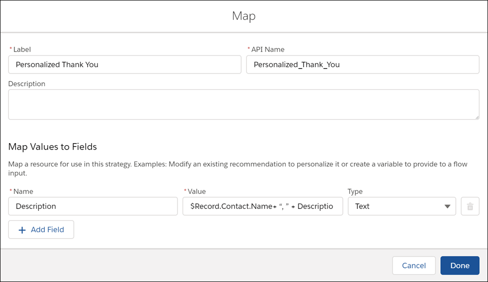 The Map element dialog with personalized thank you.