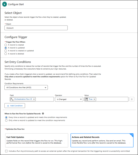 The Properties panel of a start element in a record-triggered flow that’s configured to run when the Orchestration Run ID of an account record is updated.