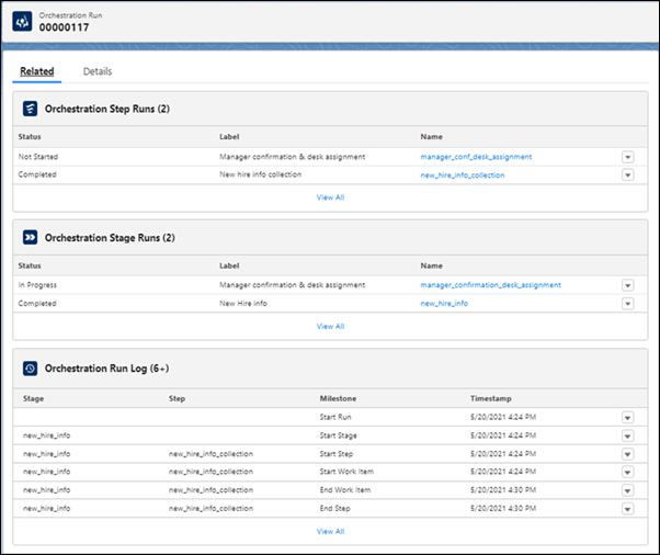 The Related tab for an orchestration run.