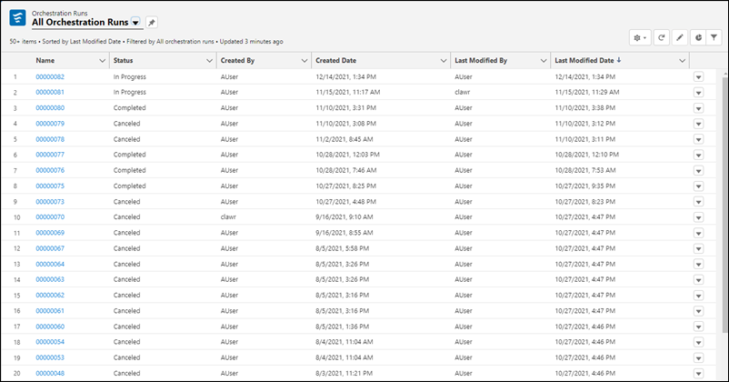 The All Orchestration Runs list view.