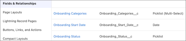 Fields & Relationships in Object Manager that show the fields: Onboarding Categories, Onboarding Start Date, and Onboarding Status