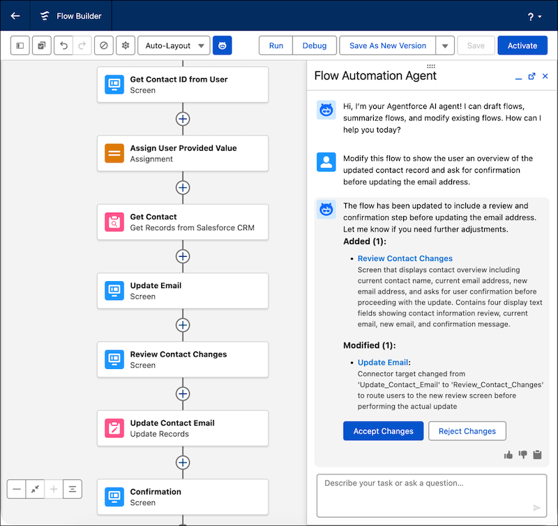 The Agentforce panel with the request for flow modification and the option to accept or reject the changes