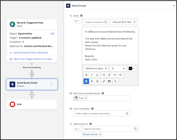 A flow with a configured Send Email action