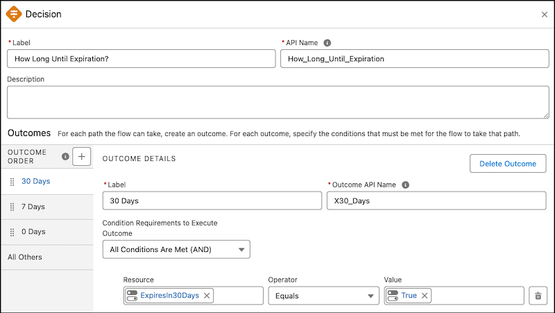 Decision element configuration with three outcomes.