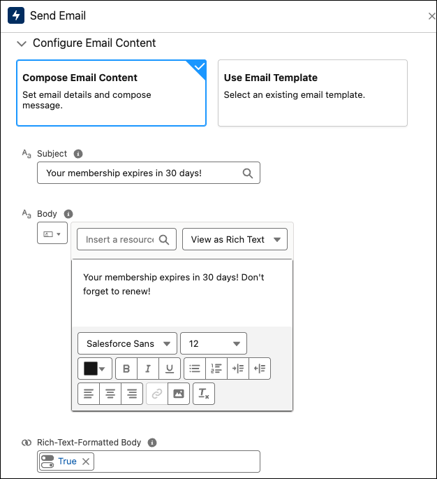Send Email action panel showing Configure Email Content section with Subject, Body, and Rich-Text-Formatted Body completed.