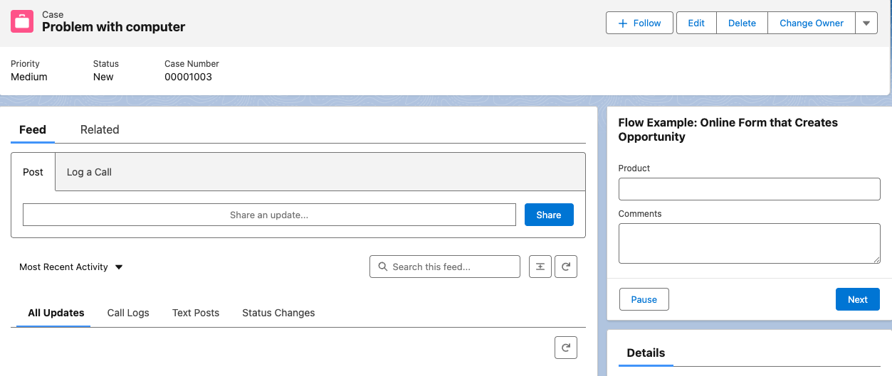 The open case record showing the screen flow form with the Product and Comments fields available.