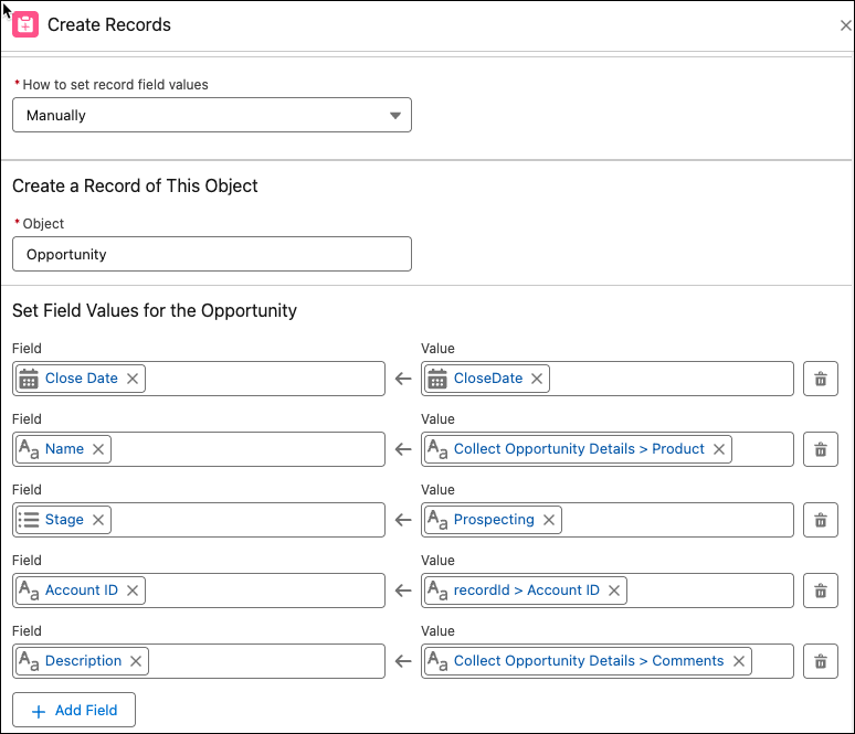 Create Records window showing field value selections.