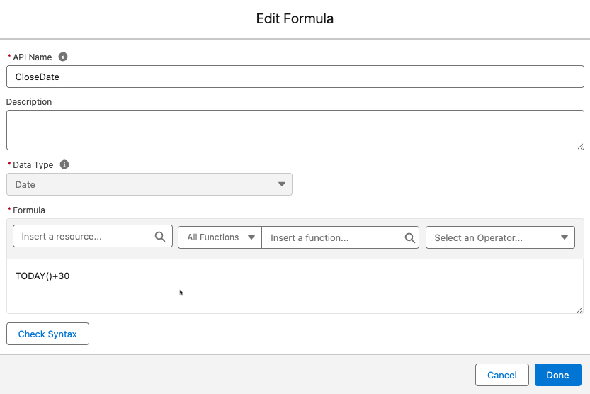 Edit Formula window showing the configured settings.