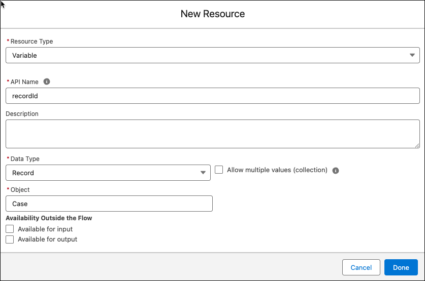 New Resource window showing the configured settings.