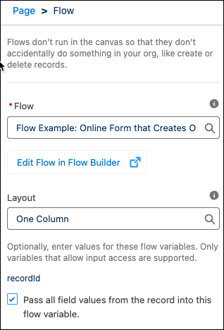 Flow component configuration panel open showing the configuration selections.
