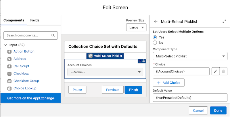 The Edit Screen window displaying the screen properties for a multi-select picklist component.