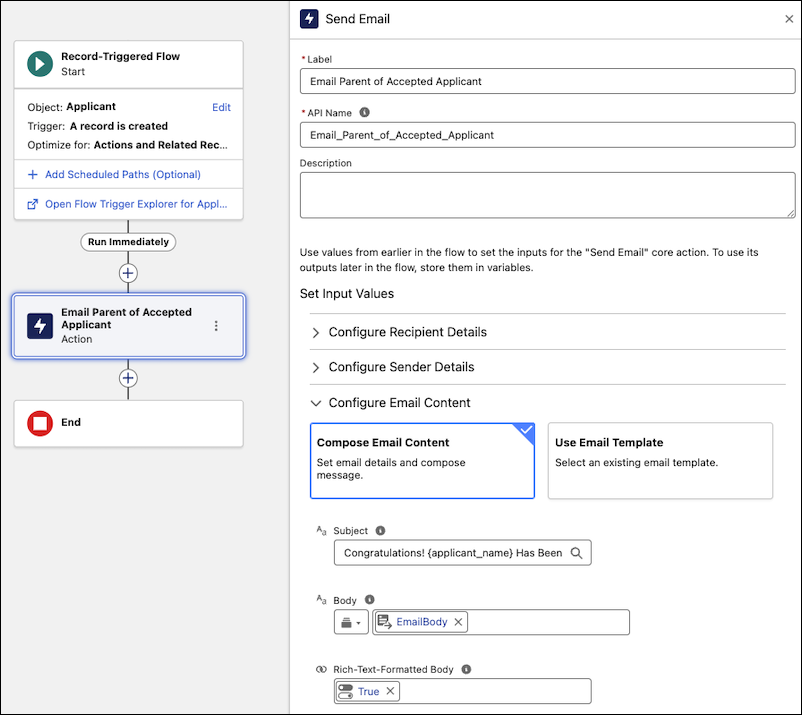 Send Email action with text template body