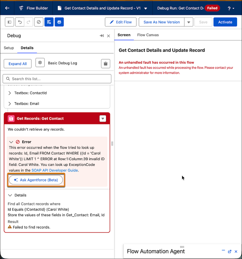 The Ask Agentforce (Beta) button in the debug details panel