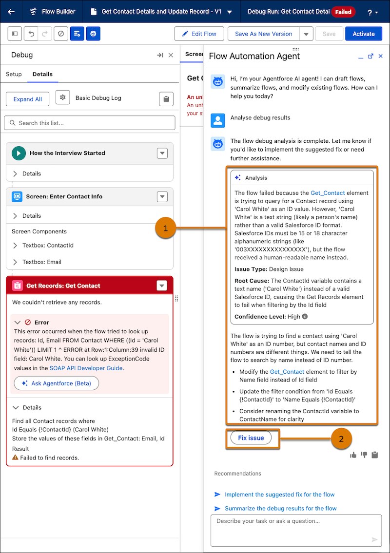The root cause analysis section and the Fix issue button in the Agentforce panel
