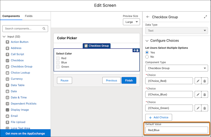 The Default Value field on the Checkbox Group component is highlighted, with the default values set to Red;Blue.
