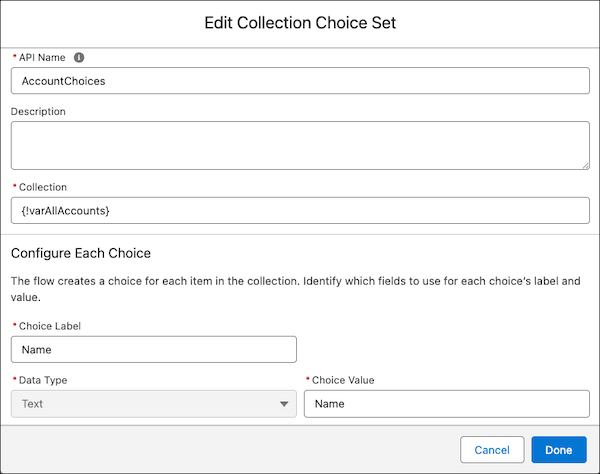 An Edit Collection Choice Set window where the API name, collection, choice label, and choice value are specified.