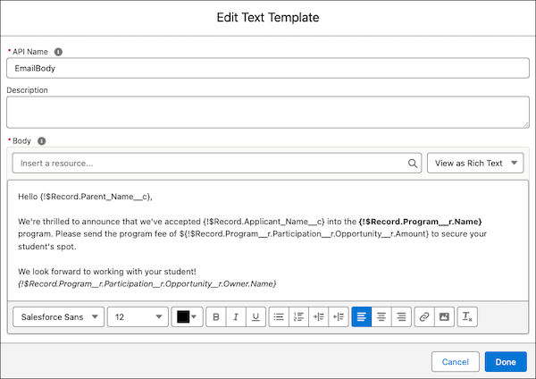 Text template for an email body