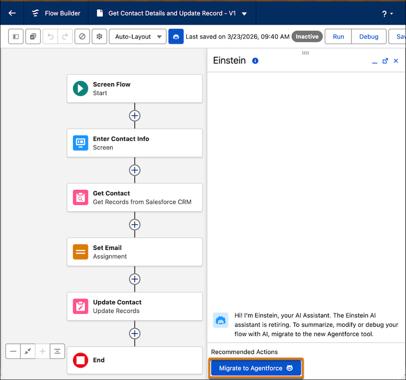 The Migrate to Agentforce button in the Einstein panel