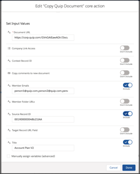 Copy Quip Document with example fields selected